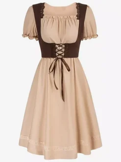 Robe vintage Renaissance pour femme col carré manches courtes dos en V coupe trapèze froncée style soirée