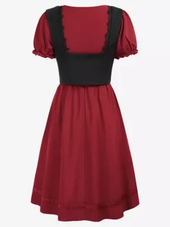 Robe vintage Renaissance pour femme col carré manches courtes dos en V coupe trapèze froncée style soirée