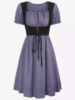 Robe vintage Renaissance pour femme col carré manches courtes dos en V coupe trapèze froncée style soirée