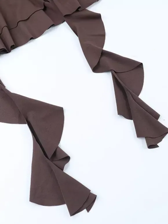 Robe à volants étagés pour femme - Robe mini Balletcore marron café épaules dénudées manches longues - Fête d'anniversaire printanière 2026