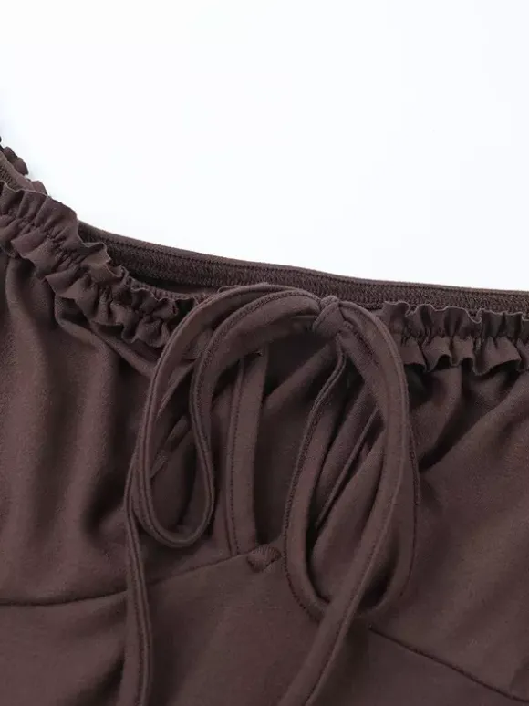 Robe à volants étagés pour femme - Robe mini Balletcore marron café épaules dénudées manches longues - Fête d'anniversaire printanière 2026