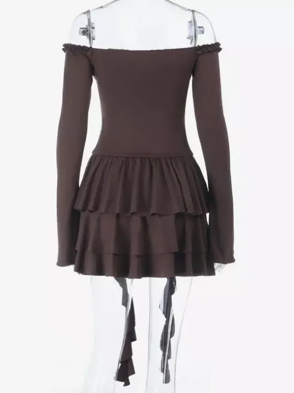 Robe à volants étagés pour femme - Robe mini Balletcore marron café épaules dénudées manches longues - Fête d'anniversaire printanière 2026