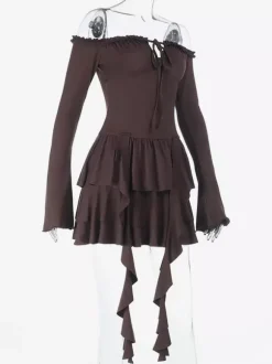 Robe à volants étagés pour femme - Robe mini Balletcore marron café épaules dénudées manches longues - Fête d'anniversaire printanière 2026