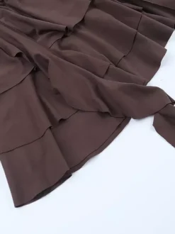 Robe à volants étagés pour femme - Robe mini Balletcore marron café épaules dénudées manches longues - Fête d'anniversaire printanière 2026