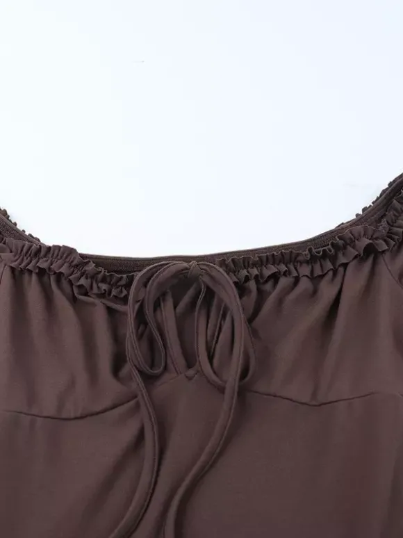 Robe à volants étagés pour femme - Robe mini Balletcore marron café épaules dénudées manches longues - Fête d'anniversaire printanière 2026