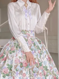 ROCOCO Style Blouses Lolita Haut Lolita Volants Noeuds Chemisier Manches Longues Chemise Lolita Blanche