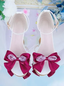 ROCOCO Style Lolita Sandales Noir Rouge Arcs En Cuir PU Bout Pointu Lolita Chaussures D'été