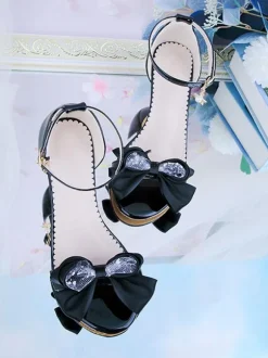ROCOCO Style Lolita Sandales Noir Rouge Arcs En Cuir PU Bout Pointu Lolita Chaussures D'été