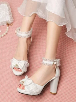ROCOCO Style Lolita Sandales Perles Dentelle Peep Toe PU Cuir Blanc Lolita Chaussures D'été