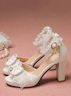 ROCOCO Style Lolita Sandales Perles Dentelle Peep Toe PU Cuir Blanc Lolita Chaussures D'été