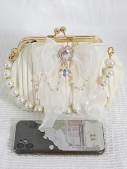 ROCOCO Style Sac Lolita Noeud Noir Strass Perles Accessoire Polyester Lolita Accessoires