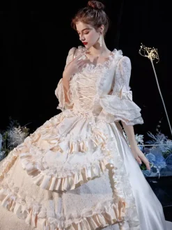 Rococo Victorien Rétro Costume Robe Couches Volants Dentelle Coton Cosplay Costume Carnaval