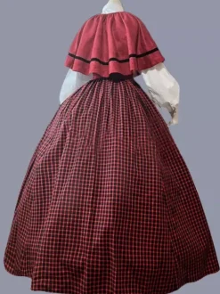 Rouge rétro Costumes femmes Plaid volants Polyester Marie Antoinette Costume tunique robe cape rétro fête robe de bal Bourgogne