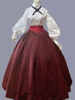 Rouge rétro Costumes femmes Plaid volants Polyester Marie Antoinette Costume tunique robe cape rétro fête robe de bal Bourgogne