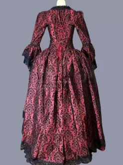 Rouge rétro Costumes volants Polyester Marie Antoinette Costume imprimé fleuri robe tunique rétro femme robe de bal Bourgogne