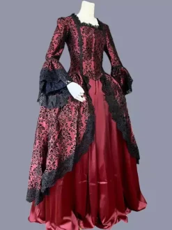 Rouge rétro Costumes volants Polyester Marie Antoinette Costume imprimé fleuri robe tunique rétro femme robe de bal Bourgogne