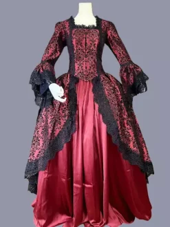 Rouge rétro Costumes volants Polyester Marie Antoinette Costume imprimé fleuri robe tunique rétro femme robe de bal Bourgogne