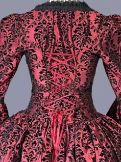 Rouge rétro Costumes volants Polyester Marie Antoinette Costume imprimé fleuri robe tunique rétro femme robe de bal Bourgogne