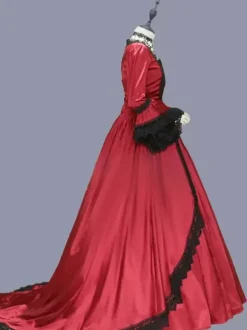 Rouge rétro Costumes femmes Marie Antoinette Costume dentelle volants Polyester tunique robe rétro fête robe de bal Bourgogne