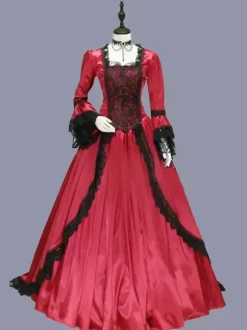 Rouge rétro Costumes femmes Marie Antoinette Costume dentelle volants Polyester tunique robe rétro fête robe de bal Bourgogne
