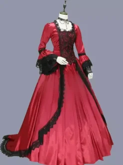 Rouge rétro Costumes femmes Marie Antoinette Costume dentelle volants Polyester tunique robe rétro fête robe de bal Bourgogne