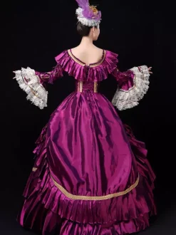 Rétro Costumes 2026 Femmes Dentelle Volant Bordé Royal Marie Antoinette Costume 18th Siècle Costume Déguisements Halloween Bourgogne