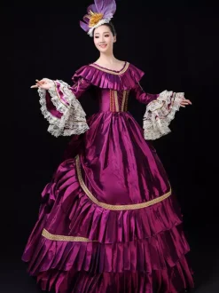Rétro Costumes 2026 Femmes Dentelle Volant Bordé Royal Marie Antoinette Costume 18th Siècle Costume Déguisements Halloween Bourgogne