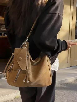 Sac à dos fourre-tout multi-usages en daim vintage à franges grande capacité convertible en sac à bandoulière