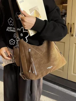Sac à dos fourre-tout multi-usages en daim vintage à franges grande capacité convertible en sac à bandoulière