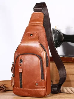 Sac Bandoulière Marron Foncé À Glissière Éclaire Pour Hommes