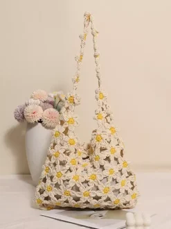 Sac cabas ajouré en crochet à motif marguerite style bohème idéal pour l'été sac bandoulière tissé parfait pour les vacances à la plage