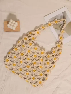 Sac cabas ajouré en crochet à motif marguerite style bohème idéal pour l'été sac bandoulière tissé parfait pour les vacances à la plage