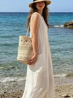 Sac cabas bohème en corde de coton crochetée sac bandoulière ajouré tissé sac à main pour les vacances d'été à la plage
