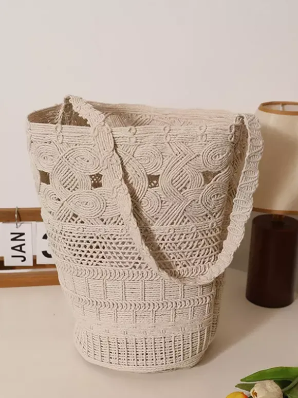 Sac cabas bohème en corde de coton crochetée sac bandoulière ajouré tissé sac à main pour les vacances d'été à la plage