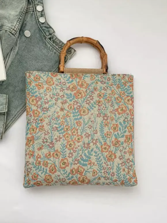 Sac cabas vintage à imprimé floral et anses en bambou grande capacité en toile porté épaule.