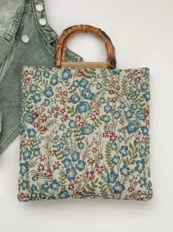 Sac cabas vintage à imprimé floral et anses en bambou grande capacité en toile porté épaule.