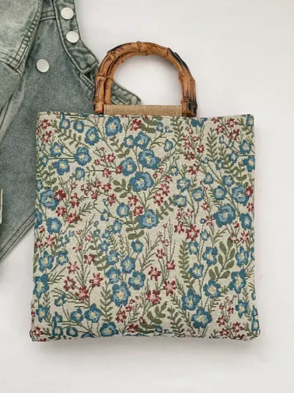 Sac cabas vintage à imprimé floral et anses en bambou grande capacité en toile porté épaule.