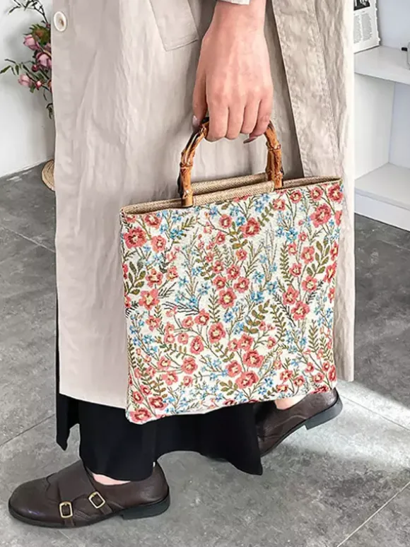 Sac cabas vintage à imprimé floral et anses en bambou grande capacité en toile porté épaule.
