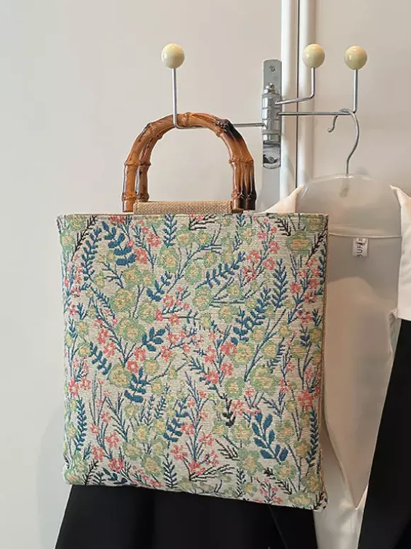 Sac cabas vintage à imprimé floral et anses en bambou grande capacité en toile porté épaule.