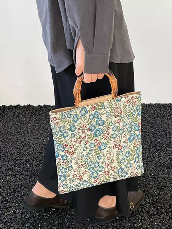 Sac cabas vintage à imprimé floral et anses en bambou grande capacité en toile porté épaule.
