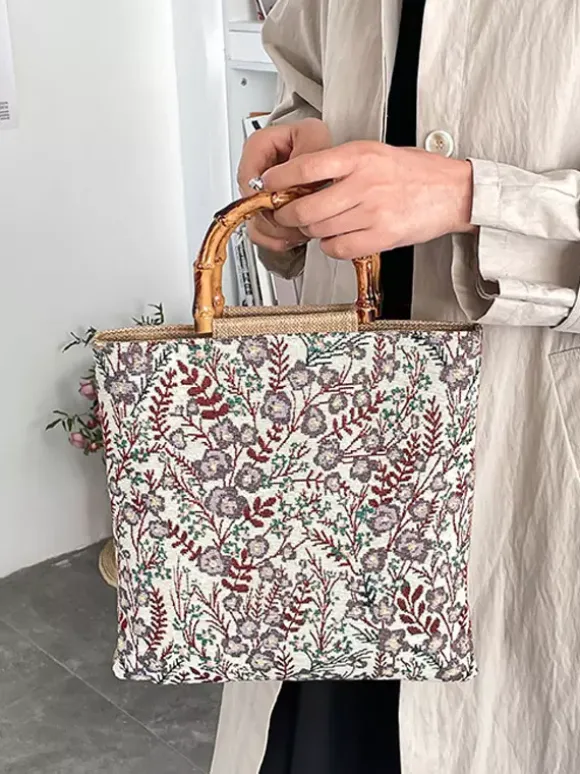 Sac cabas vintage à imprimé floral et anses en bambou grande capacité en toile porté épaule.