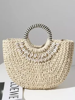 Sac de plage semi-circulaire en paille avec coque pour femme (2026)