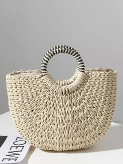 Sac de plage semi-circulaire en paille avec coque pour femme (2026)