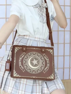 Sac gothique Lolita en cuir PU marron café détails métalliques imprimé Floral étoiles sac à bandoulière en cuir PU accessoires Lolita