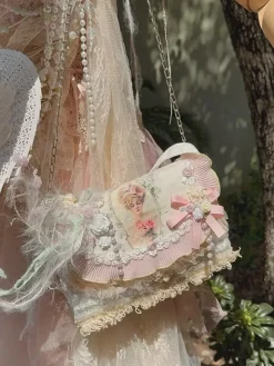 Sac Lolita de Style pastoral sac à bandoulière en Polyester rose avec n艙uds appliqués en Fiber de Polyester accessoires Lolita