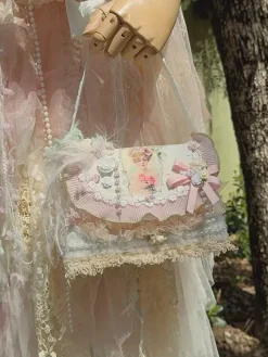 Sac Lolita de Style pastoral sac à bandoulière en Polyester rose avec n艙uds appliqués en Fiber de Polyester accessoires Lolita