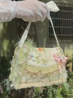Sac Lolita de Style pastoral sac à bandoulière en Polyester rose avec n艙uds appliqués en Fiber de Polyester accessoires Lolita