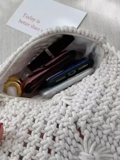 Sac bandoulière bohème à pompons en macramé mini sac à main en corde de coton tissée à la main sac de plage