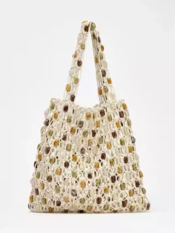 Sac cabas en maille ajourée à perles grande capacité sac bandoulière de vacances style bohème léger à enfiler