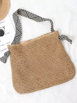 Sac cabas en raphia tressé bandoulière en tissu rayé grande capacité idéal pour les vacances d'été à la plage.